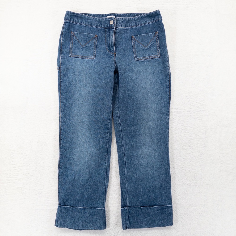 Cache Jeans Size 6 Blue Denim Cuffed Crop Patch Pocket Stretch Y2K Casual
